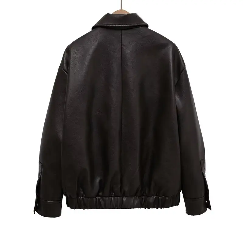 Fall 2025 Women's Leather Pilot Jaet Long Sve Turn-down Collar Outerwear Sli European Sle Ladies ort Coat
