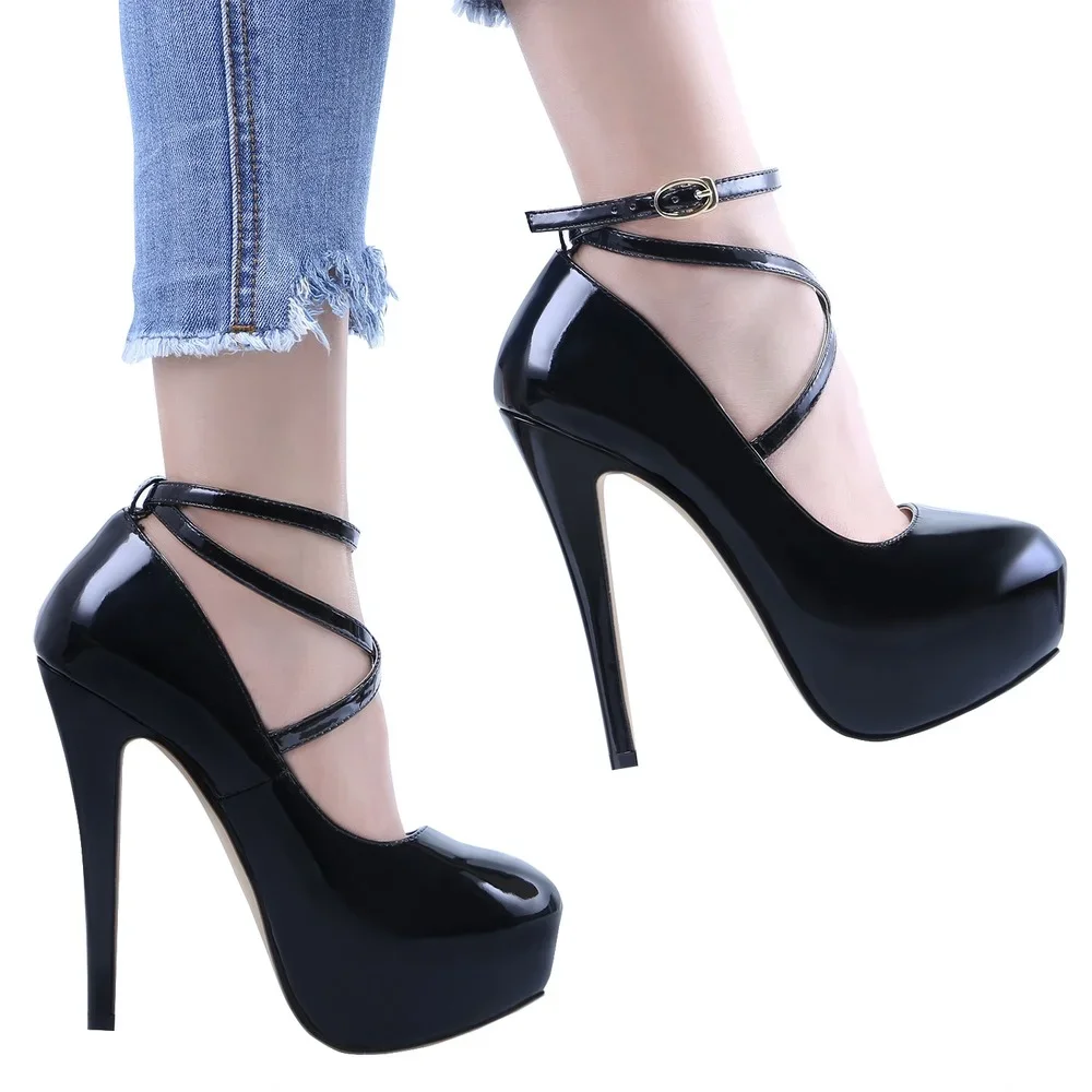 LOSLANDIFEN Women Pumps 14cm Super High heels for woman Sexy ankle Strap Platform  shoes Party Dress Red Wedding Lady heel