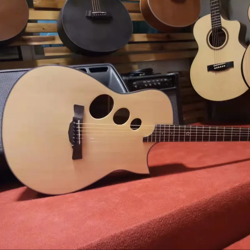 40inch Acoustic Guitar Three Sound Holes High-Quality Spruce Body Rosewood Matte Wholesale