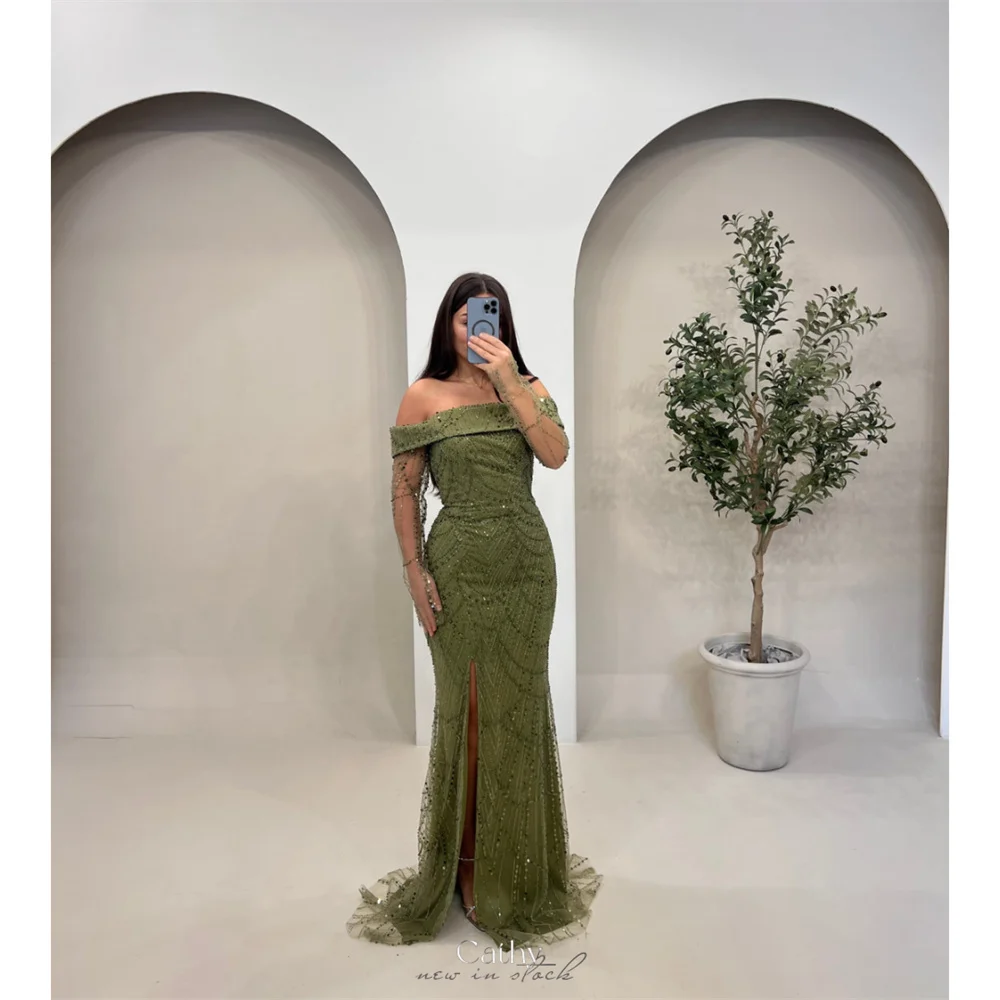 

Cathy Customized Mermaid Off Shoulder Beaded Prom Dresses Long Sleeve Side Split vestidos de noiva Floor-Length Evening Dress