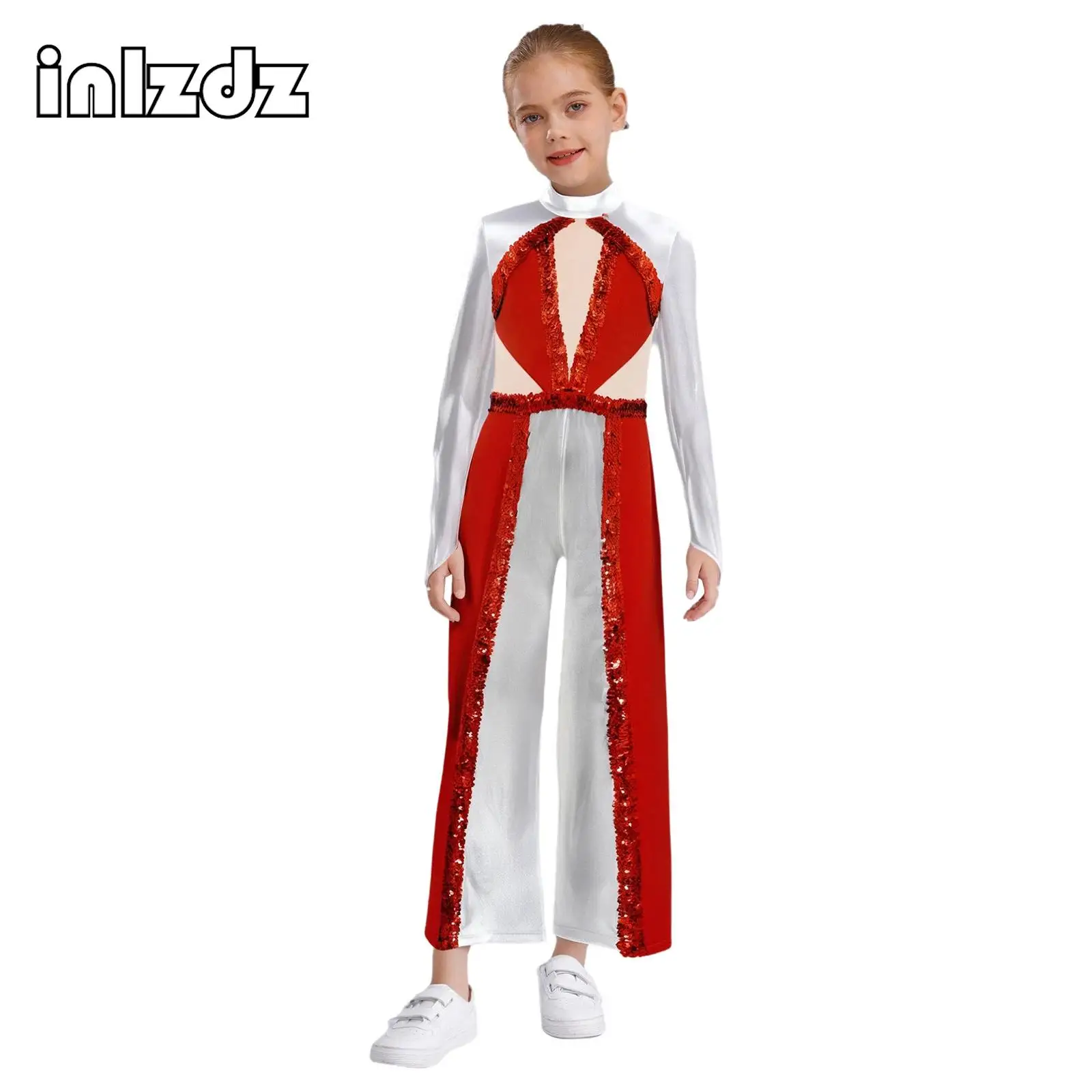 

Teen Girls Gymnastics Figure Skating Ballet Dance Costume Jumpsuits Sequins Long Sleeve Mesh Full Bodysuit for Stage Performance