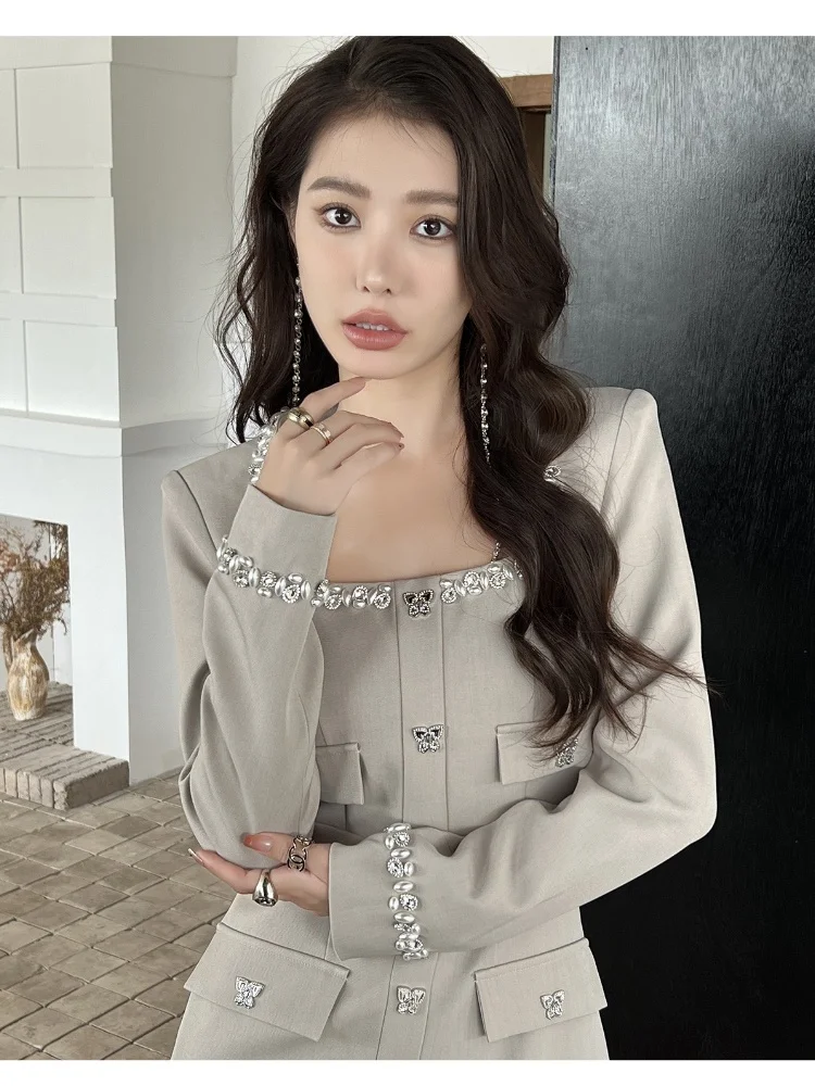 French Square Neck Runway Dress Elegant Rhinestone Beaded Slimming Dress Vintage Birthday Party Dress image 5