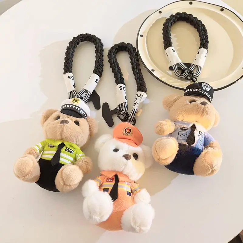 Sweet cool ins traffic police bear doll mobile phone lanyard twist thickened short black wrist strap mobile phone rope