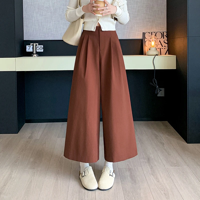 Seoulish pantaloni da donna alla caviglia in tinta unita 2024 autunno nuovo cotone lavato a vita alta gamba larga pantaloni Casual a nove punti femminili