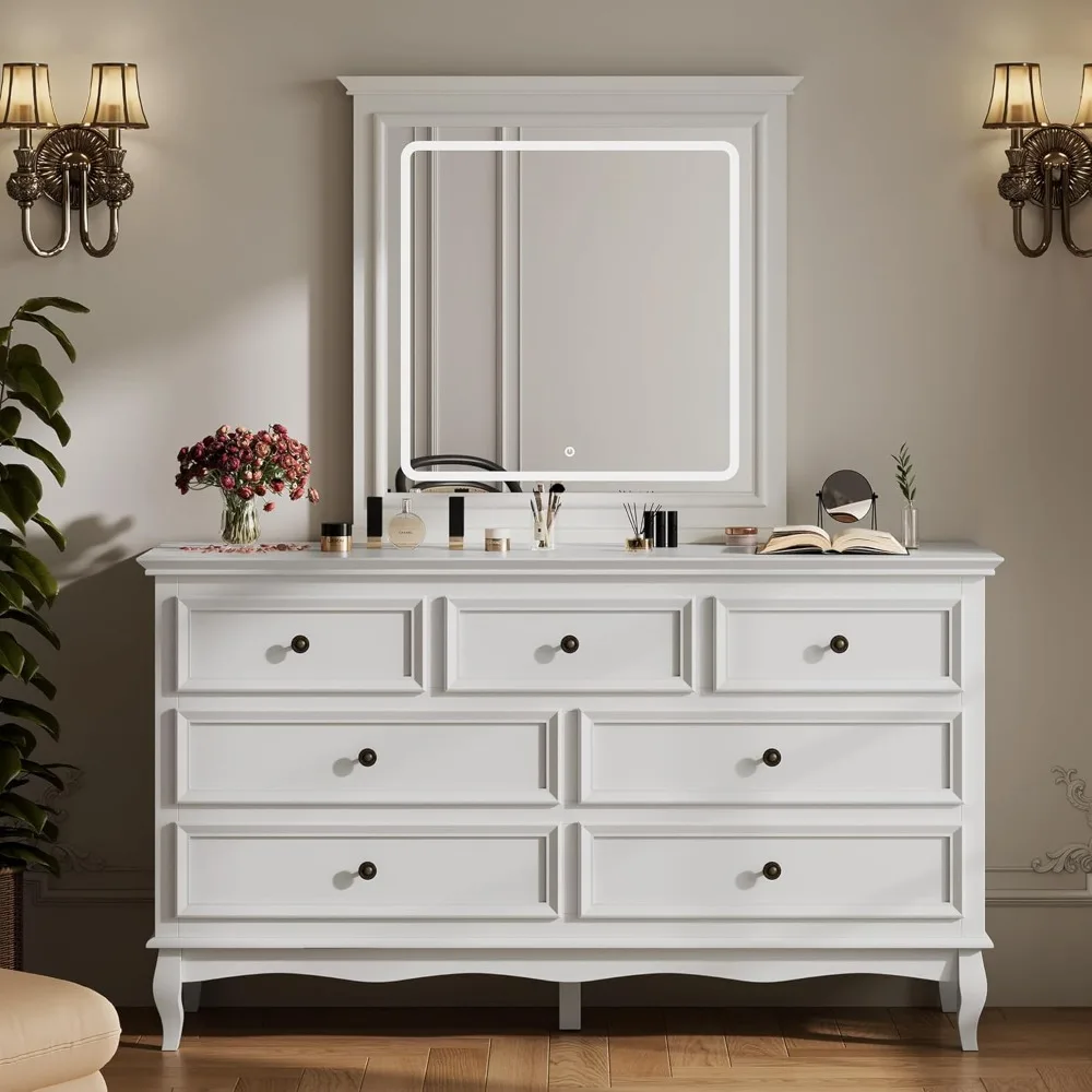 

7 Drawer Dresser with Mirror, Large Chest of Drawers for Bedroom, Makeup Vanity with LED Mirror, Modern Wood Dresser