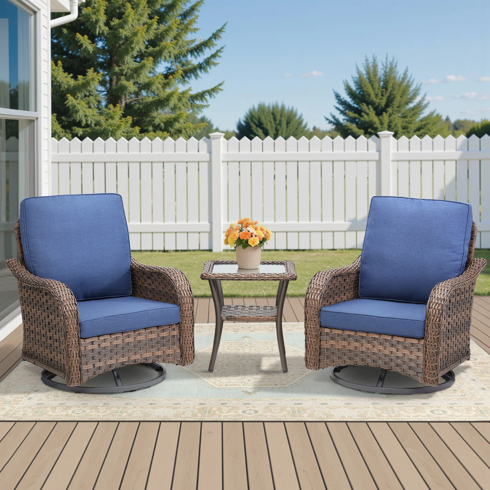 

3 Pieces Durable Eco-Friendly Outdoor Furniture Set Swivel Gliders Rocker Wood Patio Bistro Side Table Porch Deck Backyard Hotel