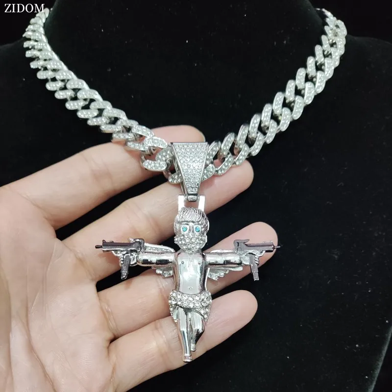 Men Women Hip Hop Angel with Gun Shape Pendant Necklace 13mm Cuban Chain Hiphop Iced Out Bling Necklaces Fashion  Jewelry Gifts