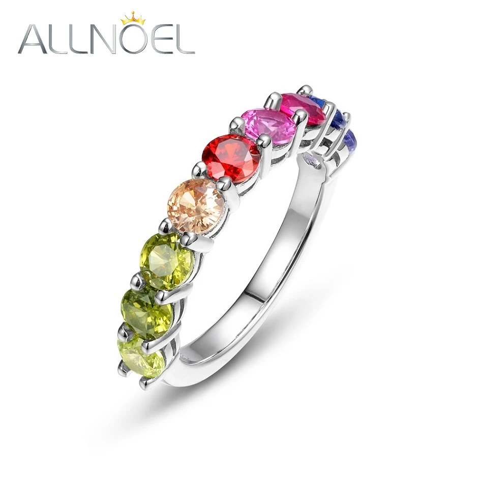 ALLNOEL 925 Sterling Silver Rings for Women Rainbow Crystal Colorful Round Cubic Zirconia Big Circle Trendy Fine Jewelry Gifts