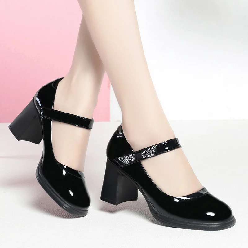 

Mary Jane Shoes Women Retro British Style Hepburn Black High Heel One Word Buckle Thick Heel Square Head Single Leather Shoes