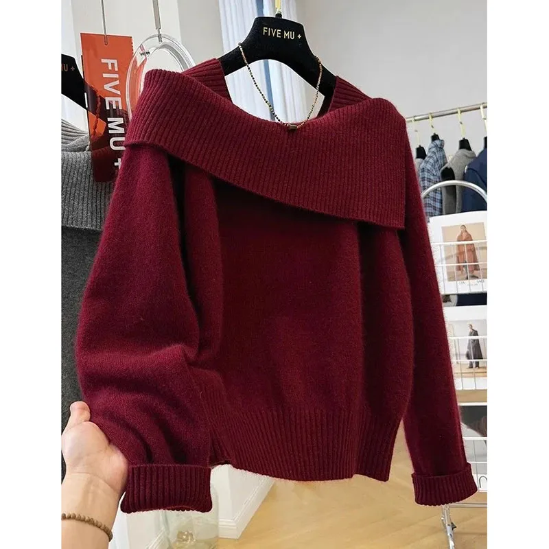 

Ladies Fashion Padded Shoulder Pullover Christmas Red Sweater Autumn Winter Sweater Top Comfortable Cardigan Loose Joker Coat