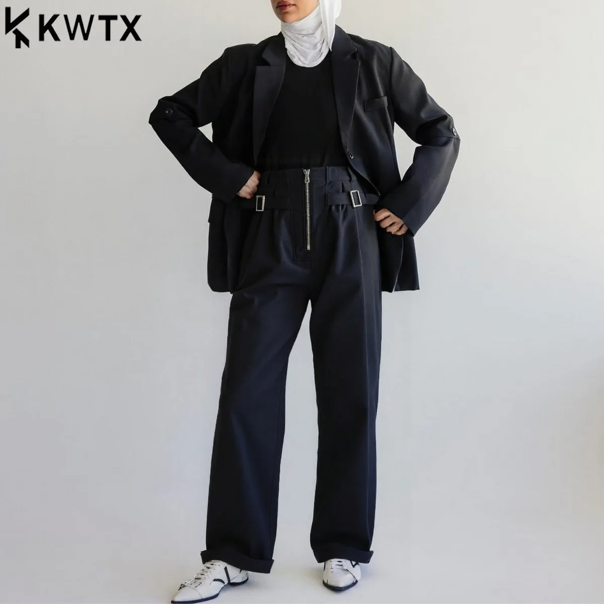 KWTX Women’s 2025 Winter High Waisted Wide Leg Pants Solid Color Casual Trousers Zipper Fly Adjustable Hem Chic Autumn Fashion