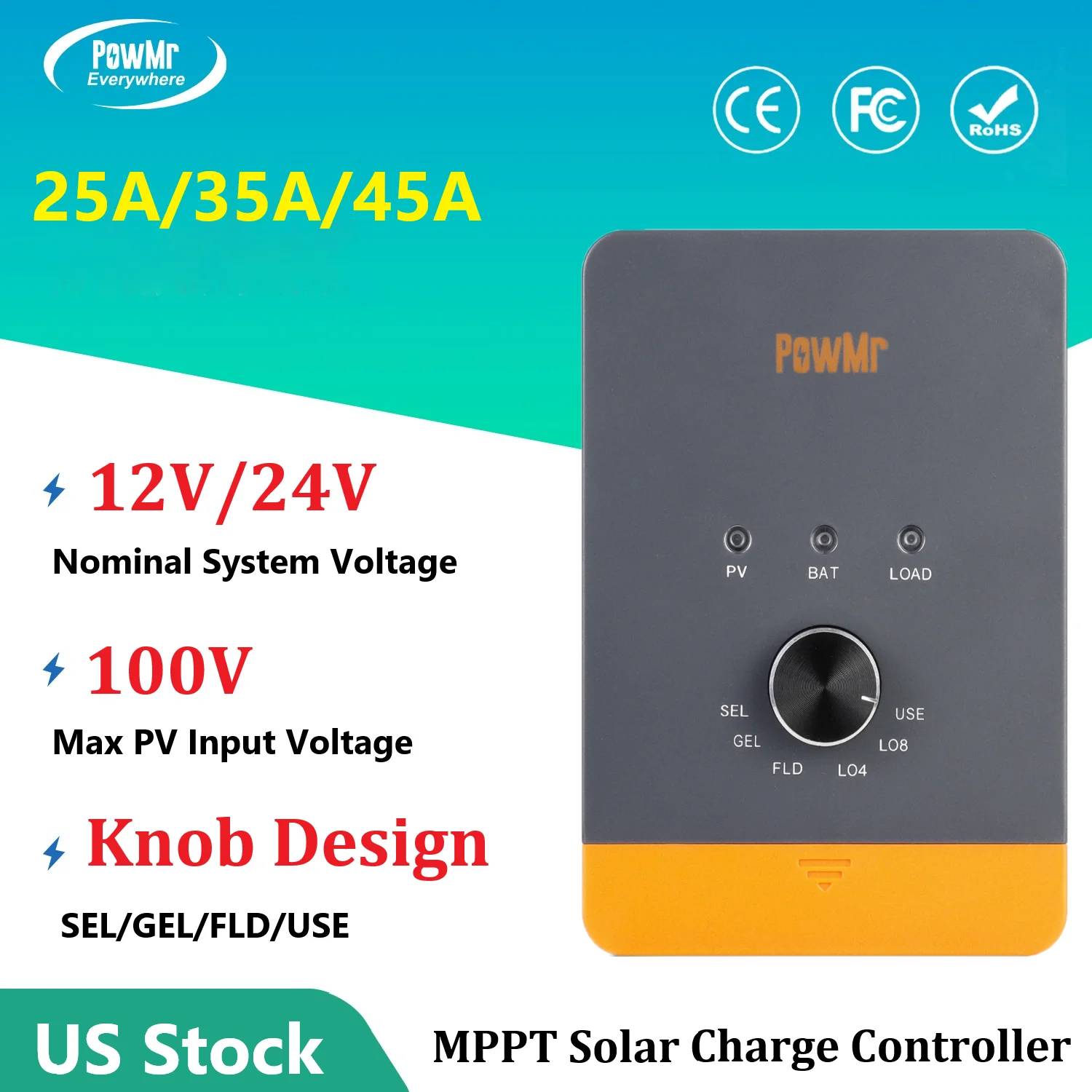 PowMr MPPT 25A 35A 45A Solar Charge Controller 12V/24V LiFePo4 Battery Knob LCD Regulator Charging Controller Mute Max PV 100Vdc