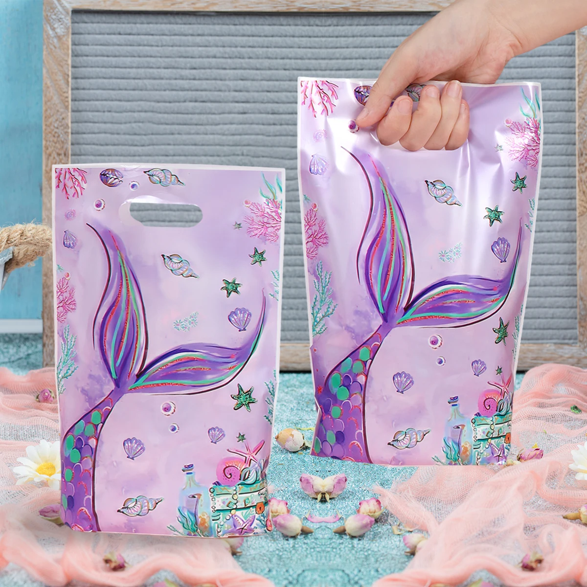 Mermaid Party Plastic Goodie Bags Mermaid Tail Candy Gift Bags for Mermaid One Birthday Sea Themed Party Decor Baby Shower Favor