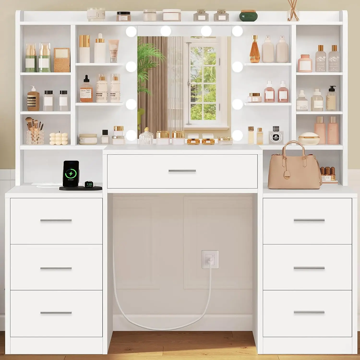 47.2” Large Vanity Desk with LED Lighted Mirror & Power Outlet, Makeup Vanity Desk with 7 Drawers and Lots Open, Customized