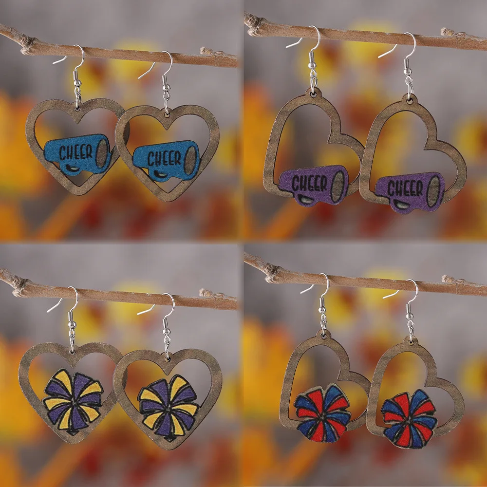 new Super Bowl cheerleading, hand crank, Cheer love pendant, earrings, wooden double-sided ear jewelry