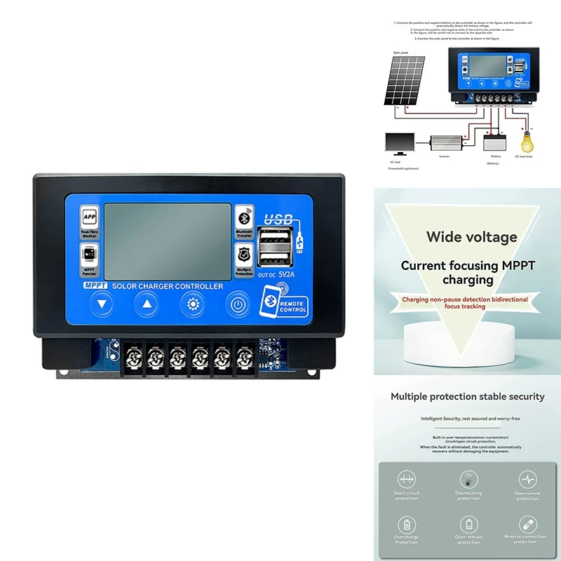 Solar Charge Controller Bluetooth 30A MPPT Controller With LCD Display Dual USB Support 12V/24V/36V/48V/60V Battery