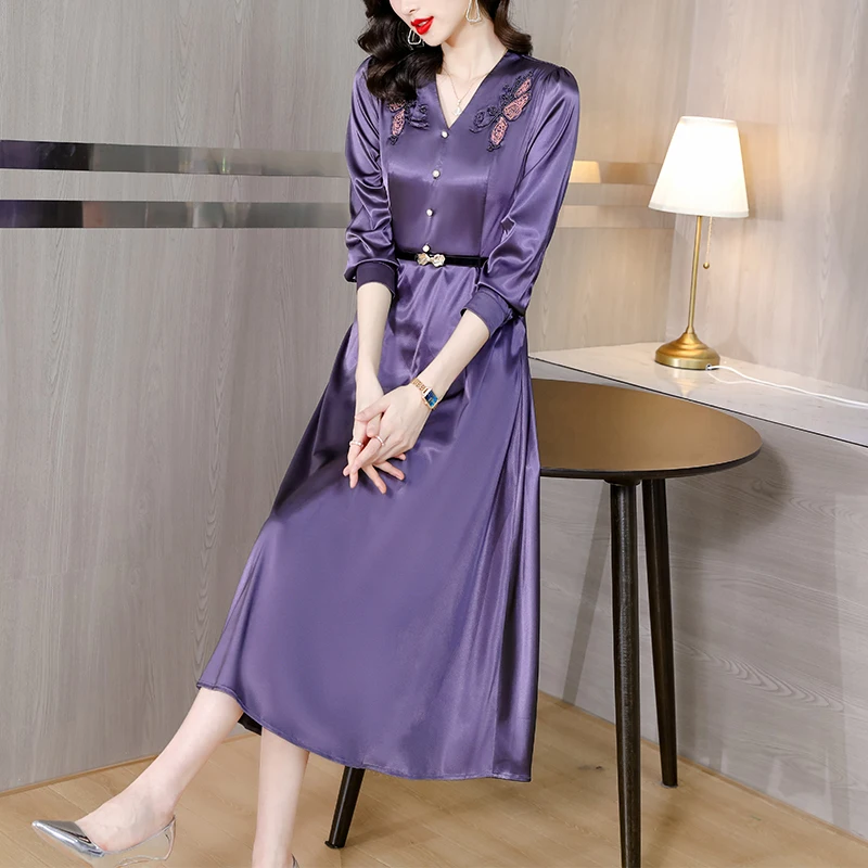 秋冬シルクアセテートサテンミディドレス女性ファッション刺繍 V ネックウエディングドレス 2025 韓国エレガントな高級シックなパーティードレス