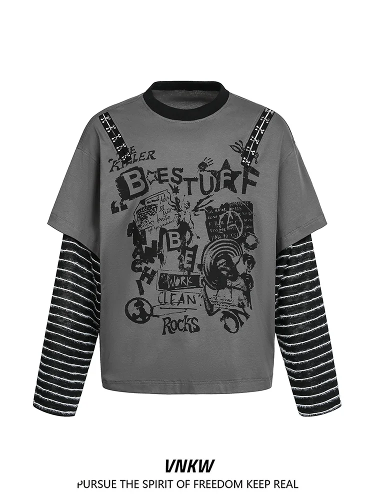 

Мужская футболка с длинным рукавом и принтом в американском стиле, имитация двухслойного дизайна, повседневный полосатый топ, молодежная модная одежда для весны