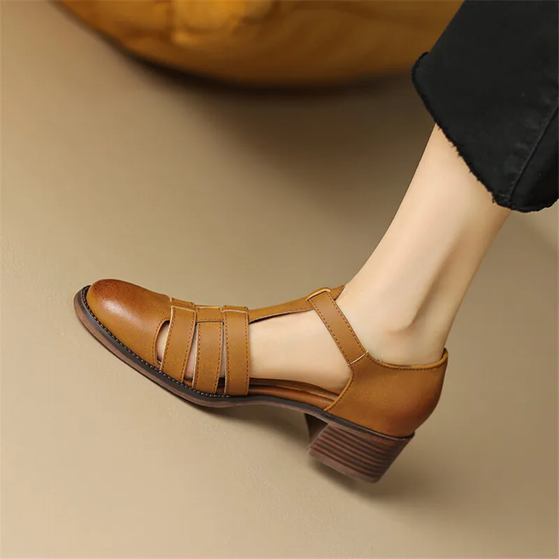 2023 New Summer Sandals Split Leather French Retro Woman Shoes Chunky Heel Round Toe Sandals Shoes Handmade Casual Women Pumps