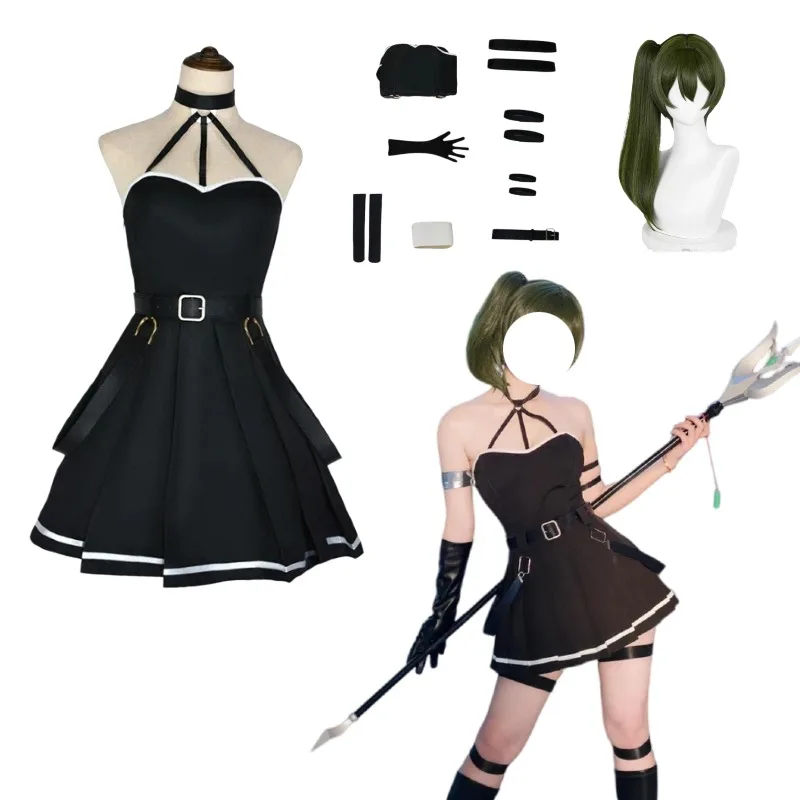 Disfraz de Anime Ubel, vestido negro, uniforme, peluca larga de color verde oscuro, traje para mujer, traje de juego de rol para fiesta de Carnaval y Halloween