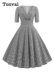 Tonval Houndstooth Print Vintage 50s Rockabilly Sexy V Neck Midi Dress Women Half Sleeve Autumn Party Elegant Cotton Dresses