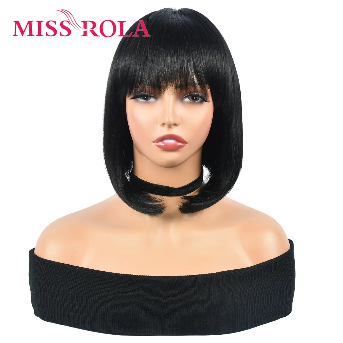 

MISS ROLA Short Black Synthetic Natural Hair Wigs for Women Bob Straight Wig with Bangs High Temperature Wigs