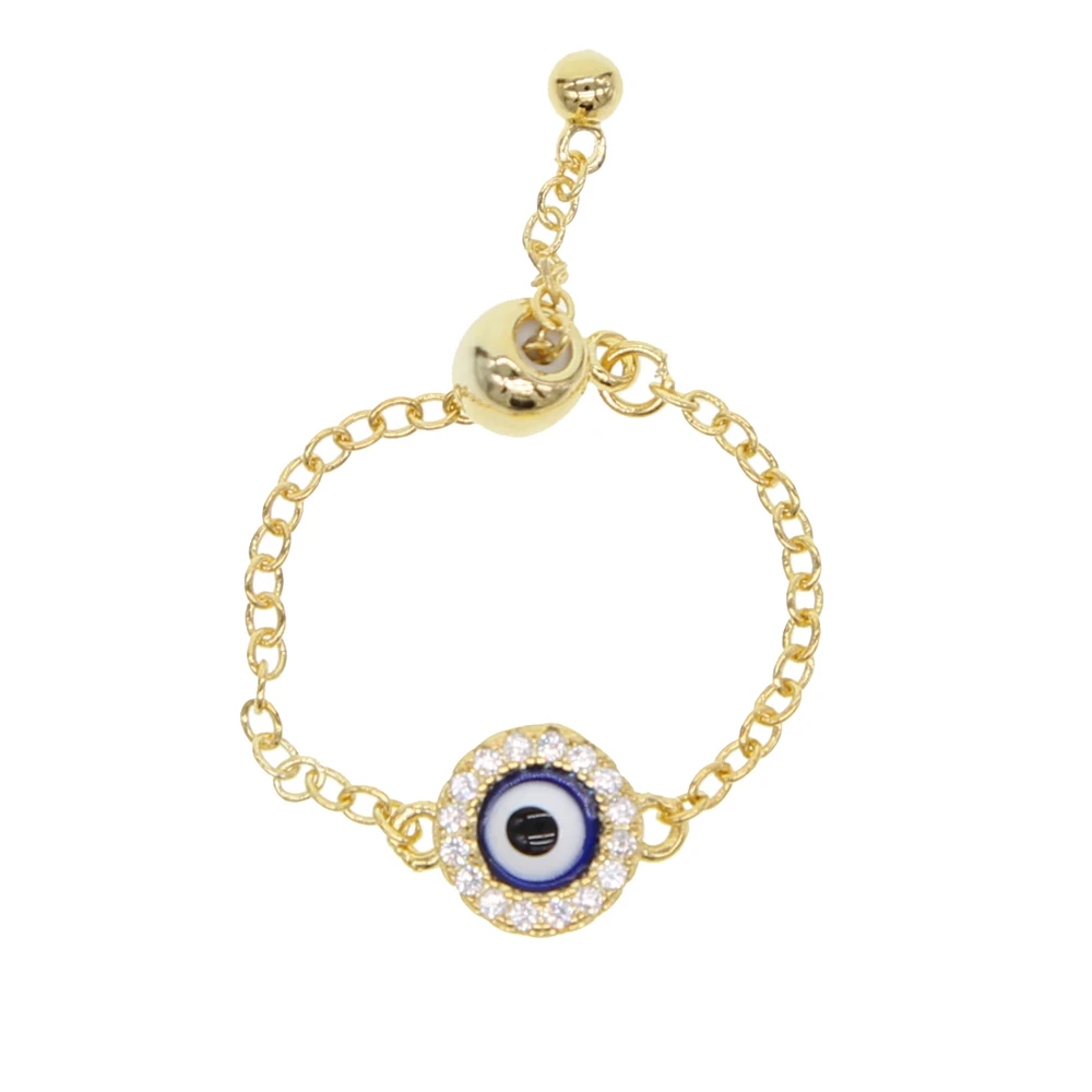 Round disco bluel enamel turkish evil eye charm chain ring cheap wholesale fashion finger rings