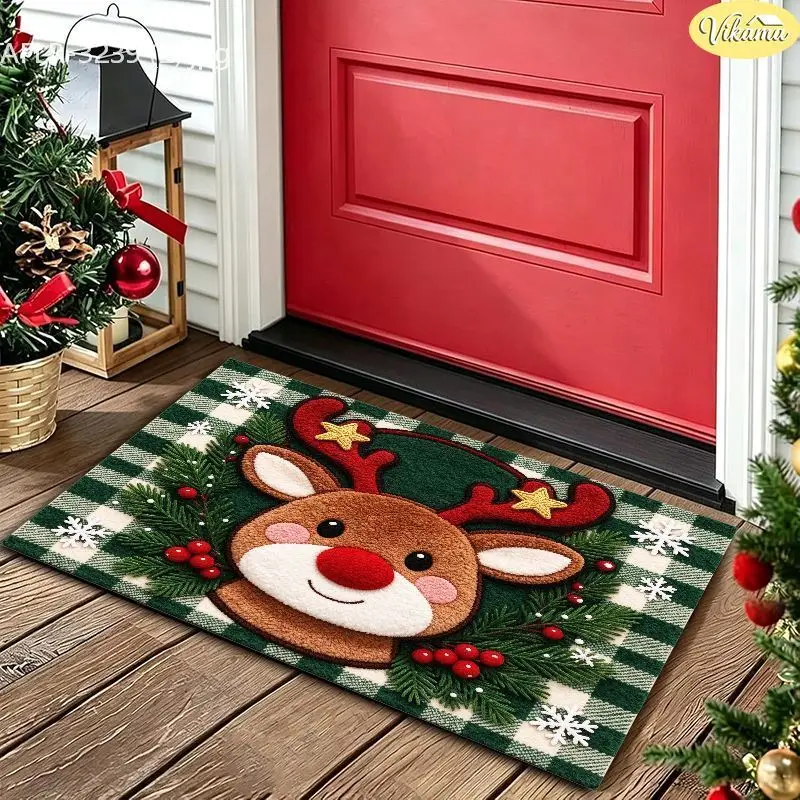 VIKAMA Buffalo Plaid Sleigh Gift Entryway Rug Non Slip Low Profile Mats for Outside Front Door Xmas Winter Decor Washable