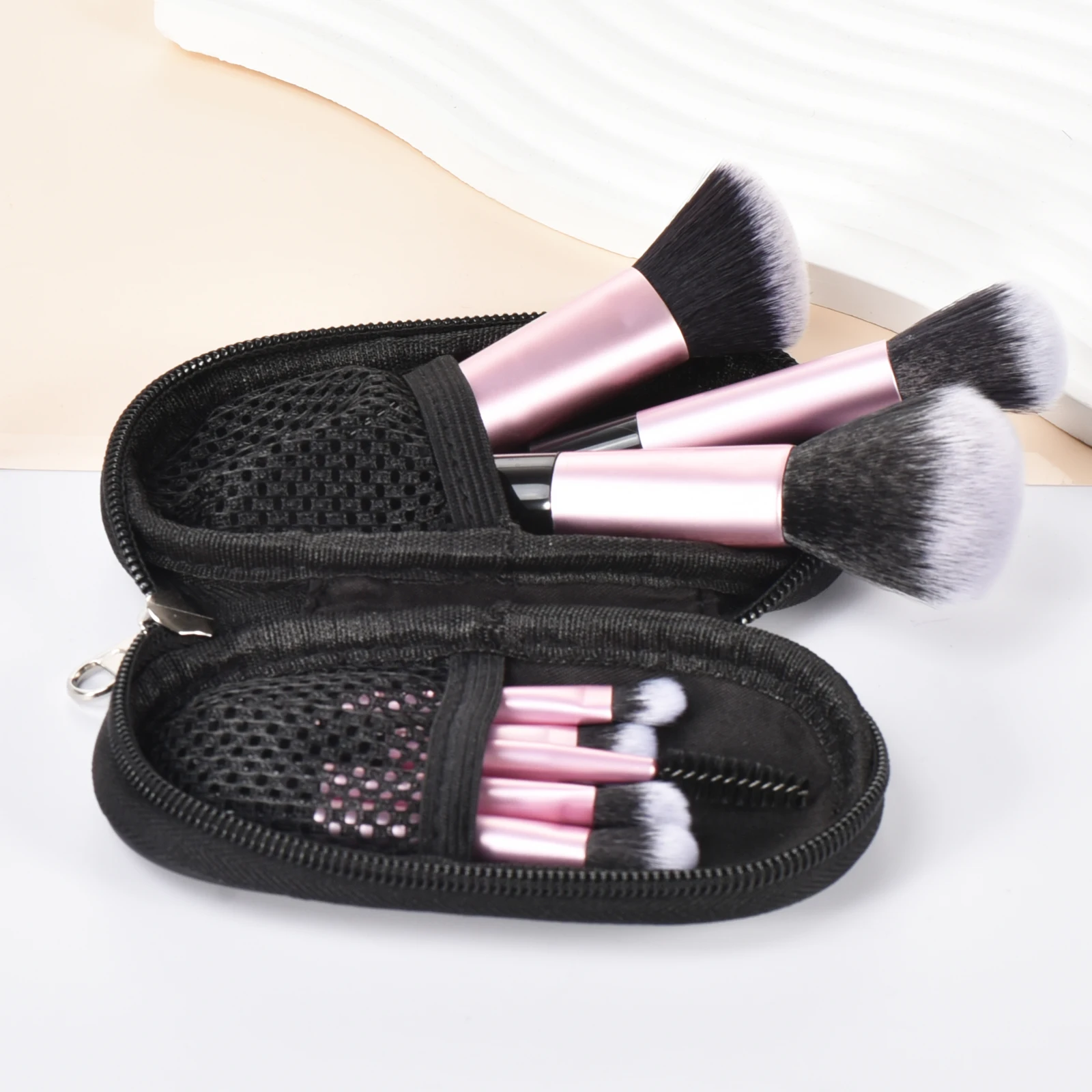 10-schwarzer Mini-Make-up-Pinsel für Reisen, tragbares Make-up-Werkzeug, Make-up-Puff – Palm-Pinsel, professionelles Make-up-Werkzeug-Set