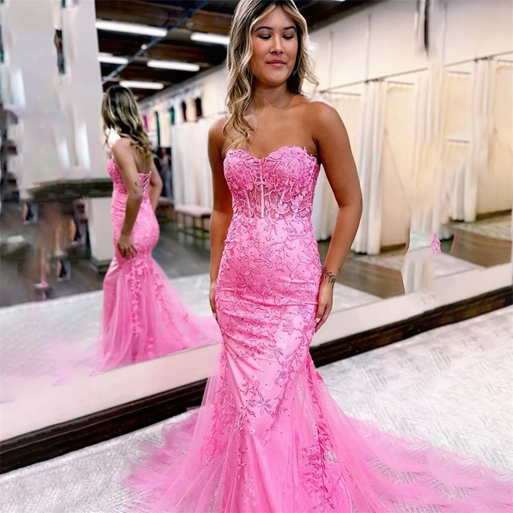 

Lily Pink Mermaid Sexy Charming Prom Dresses Gown Appliques Beading Formal Gowns Lace Up Back Evening Gown vestidos de noche