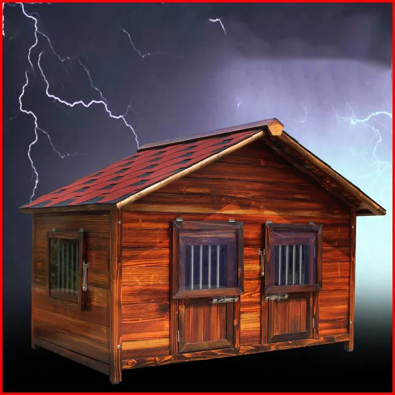 XXL Solid Wood Dog House Outdoor Waterproof Pet Kennel for Autumn Winter Large Carbonized Wooden Shelter for Golden Retriever