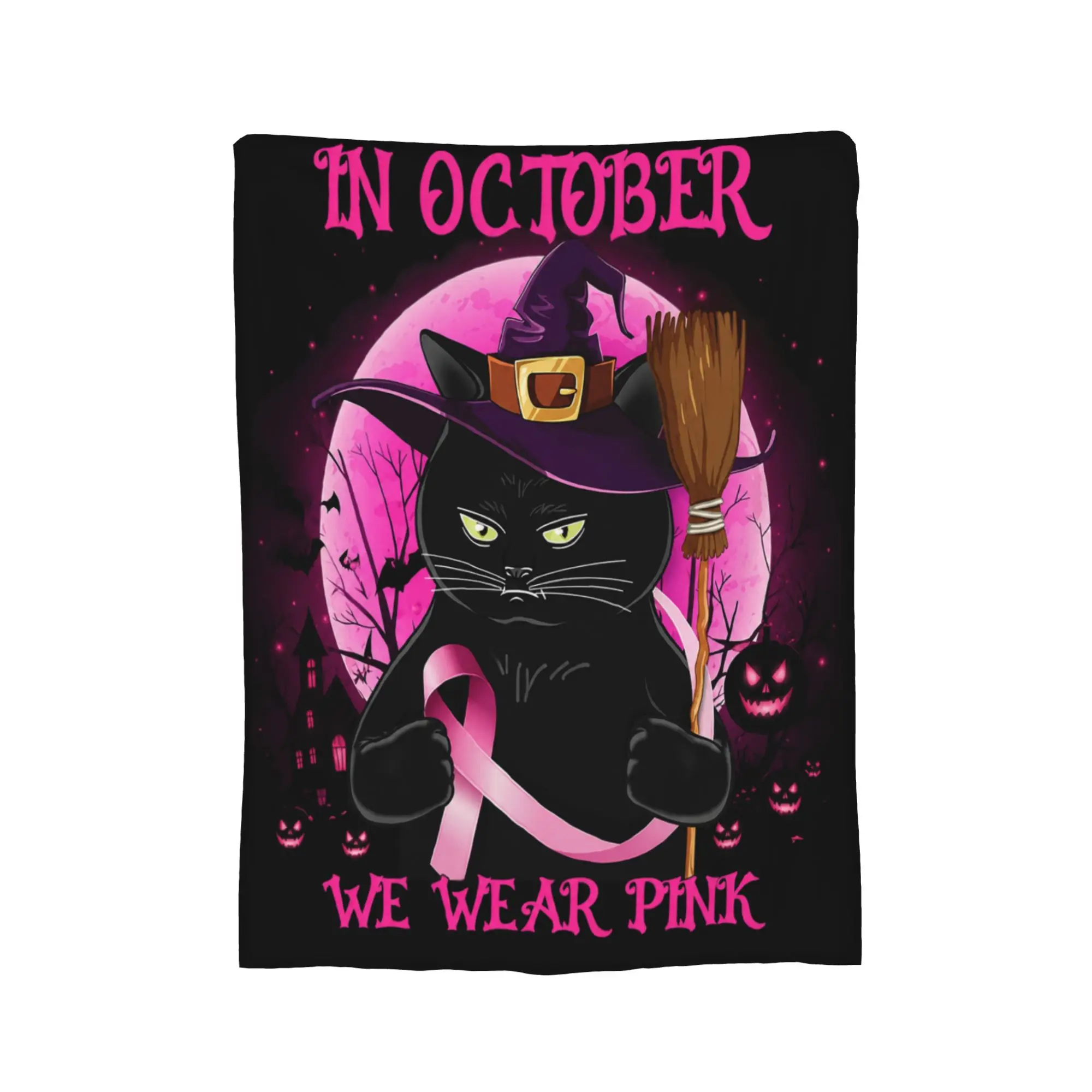 Breast Cancer Awareness Halloween Witch Cat October Pink Ribbon Blanket  Flannel Vintage Throw Blanket for Bedspread Decor