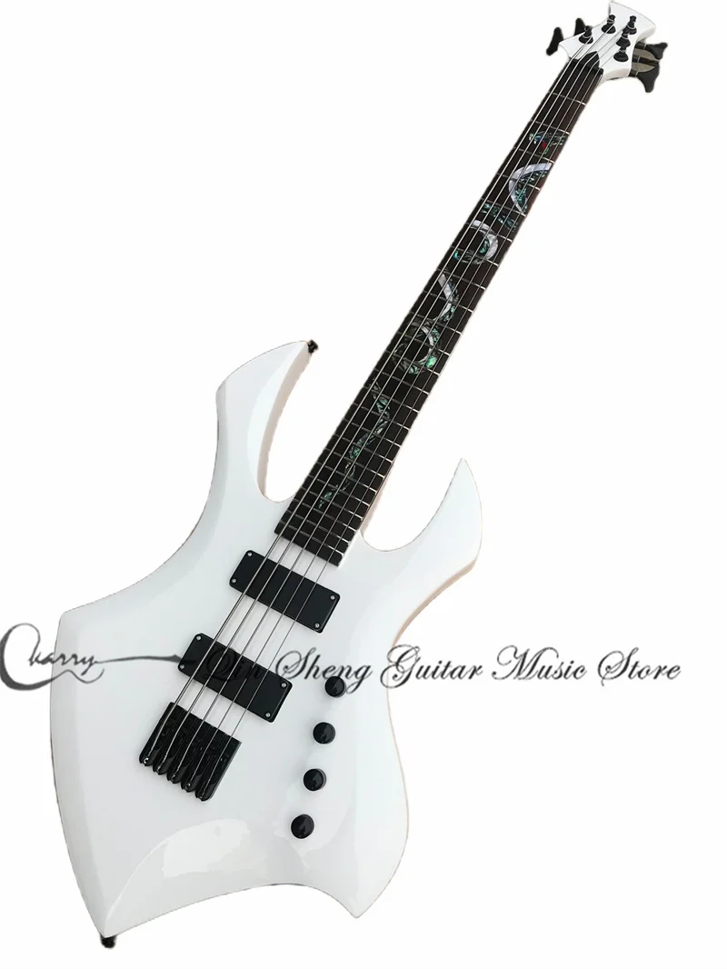 White bass, 4 or 5 string bass guitar, maple neck Set In body, rosewood fingerboard colored snake inlay, black bridge