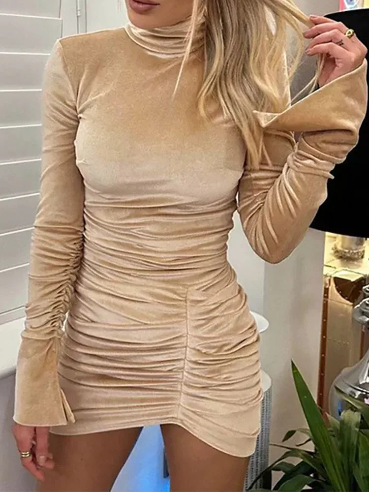 تنورة قصيرة ذات رقبة عالية وأكمام طويلة ووسادة كتف مطوية، تنورة حفلات عصرية للفتيات من جلد الغزال #6