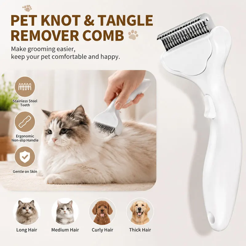One-Click Pet Hair Knot Comb Curved Handle Dogs Cats Hair Removal Brush Stainless Steel Blade Puppy Grooming Comb Pets Supplies