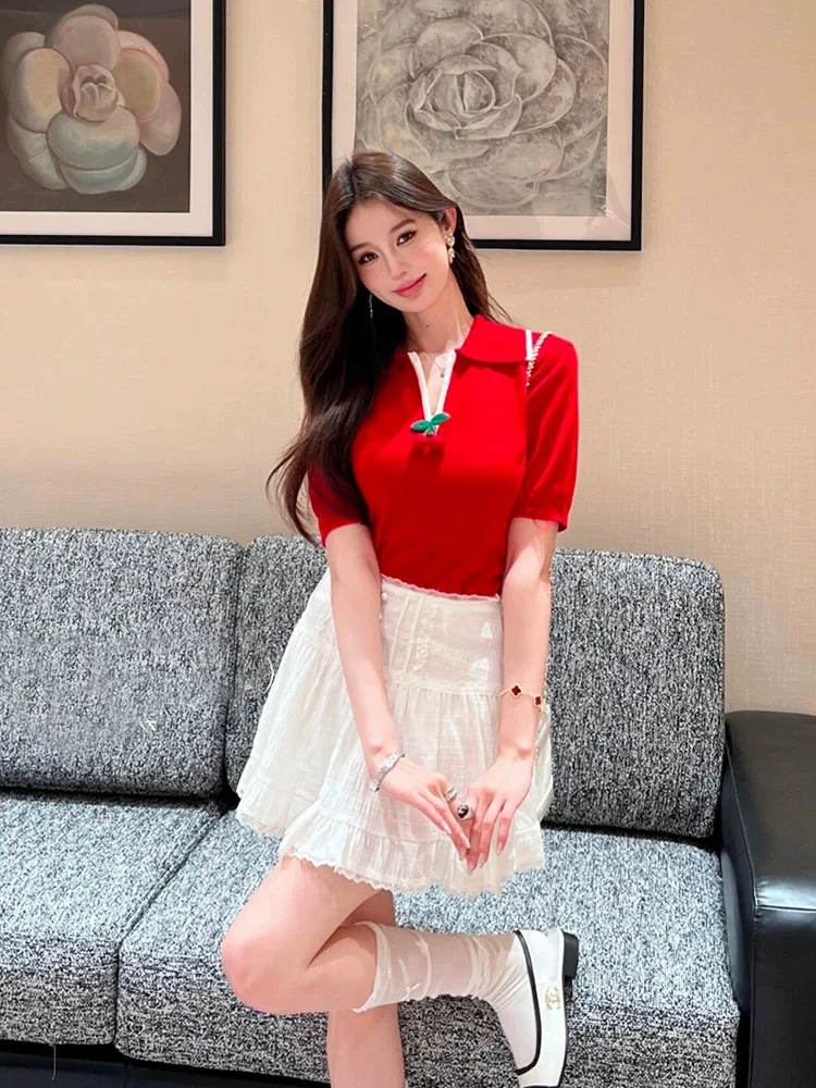 

Lotti High-End Summer New Red Cherry Pendant ort Sve irt Women's Top Cotton Pure Color Commute Sle Regular Fit