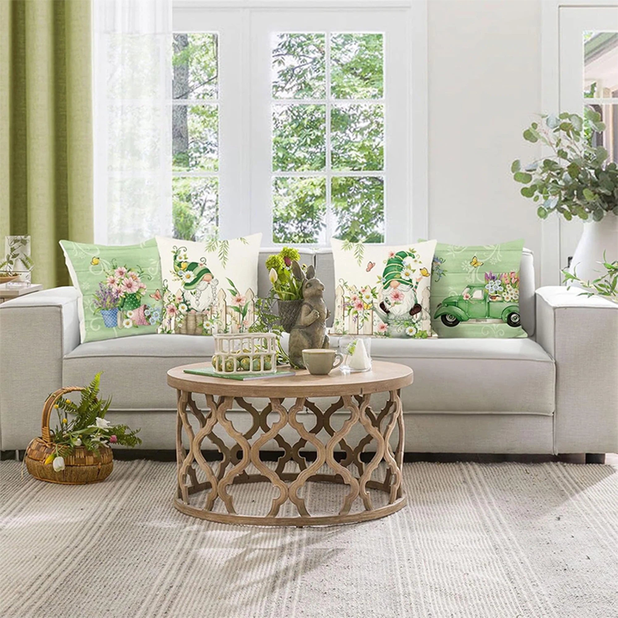 Garden Gnome Pillow Covers Set: Boho Floral & Green Truck Vibes，Sofa cushion cover, home room decoration Short plush material