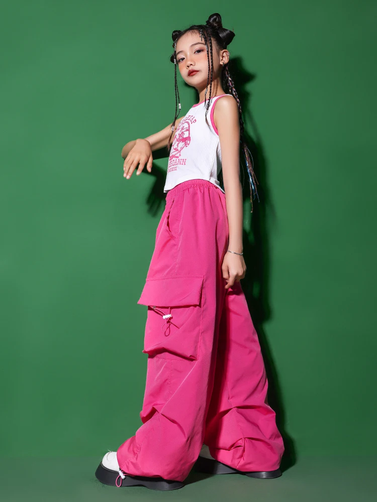 Traje de baile de Jazz moderno para niñas, chaleco rosa, pantalones Cargo sueltos, traje de actuación de Hip Hop, ropa de escenario de concierto Kpop, BL10728