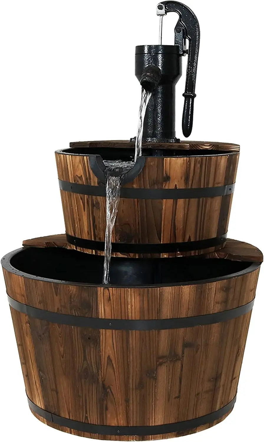 

2-Tier Wood Barrel Outdoor Water Fountain - 34-Inch Waterfall Fountain with Submersible Pump - for Garden, Patio, Decks