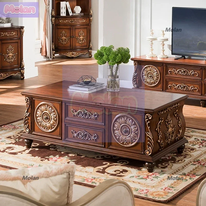 

European coffee table solid wood TV cabinet American carved floor cabinet retro gold painting living room complete set of