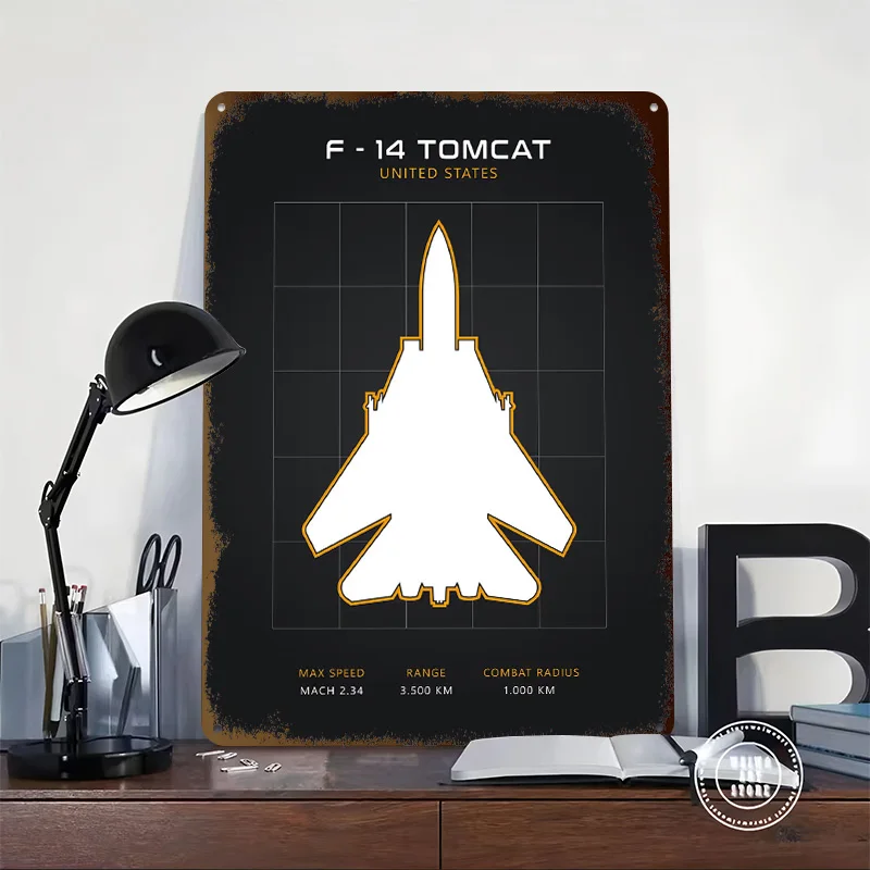 F-14 Tomcat Blueprint Personalized 3D Textured Metal Poster Wall Art Vintage Tin Signs for Home Decor Living Room House Items
