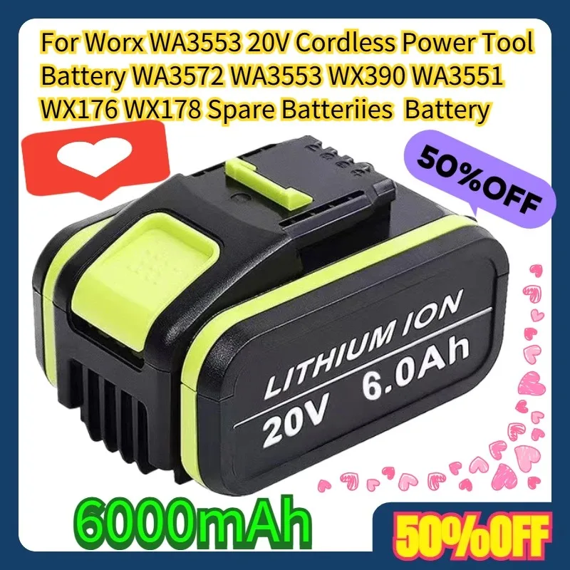 

For Worx WA3553 20V Cordless Power Tool Battery WA3572 WA3553 WX390 WA3551 WX176 WX178 Spare Batteriies 6000mAh Battery