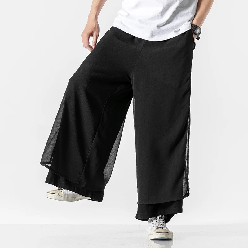 2025 Spring Summer Men Double Layer Hanfu Pants Men Chinese Style Wide Leg Pants Male Linen Kimono Bloomers Trousers Skirt