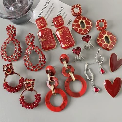 AENSOA Fashion Red Rhinestone Resin Crystal Drop Earrings for Women Handmade Geometric Waterdrop Square Pendant Earrings Jewelry