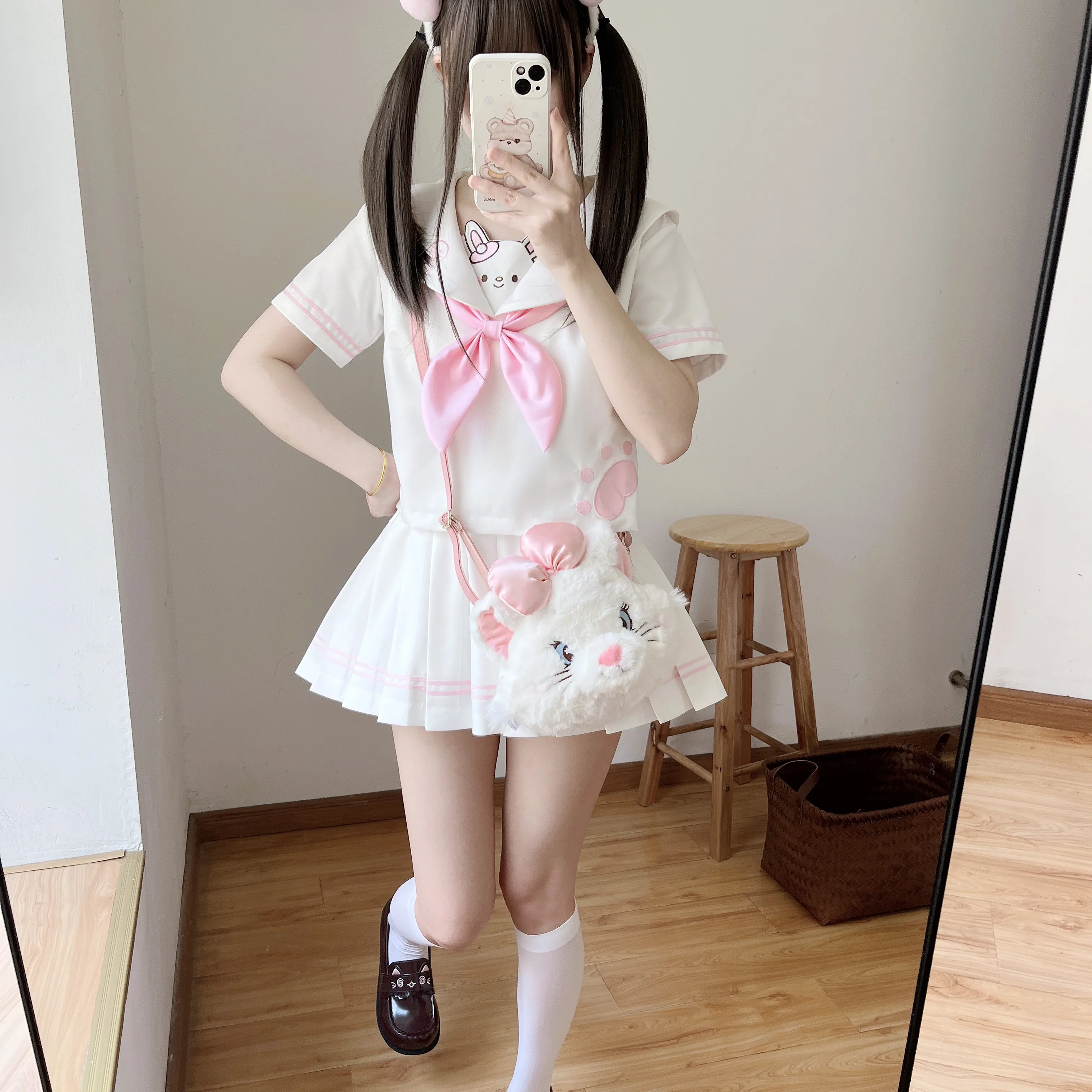 Original Japanese Kawaii Girls Skirt Set 2025 Summer New Y2k Daughter's JK Sailor Uniform Embroidered Navy Collar Top Skirt Set