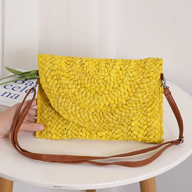 Straw Shoulder Bag Handmade Handbag Woven Rattan Purse for Women Envelope Wallet Casual Ladies Beach Wicker Clutch Messenger Bag