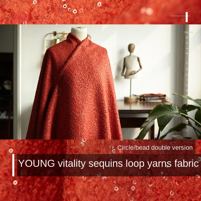 

Wool Fabric Pearl Glitter Circle Woolen Material Orange Fashion Fabrics for Autumn Winter Coat Cloth by the Meter