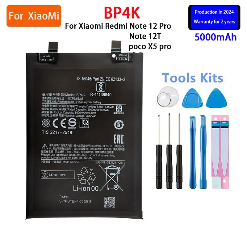 2024 years 100% Orginal BP4K 5000mAh  For Xiaomi Redmi Note 12 Pro / Note 12T/ poco X5 pro Phone Replacement Batteries+Tools