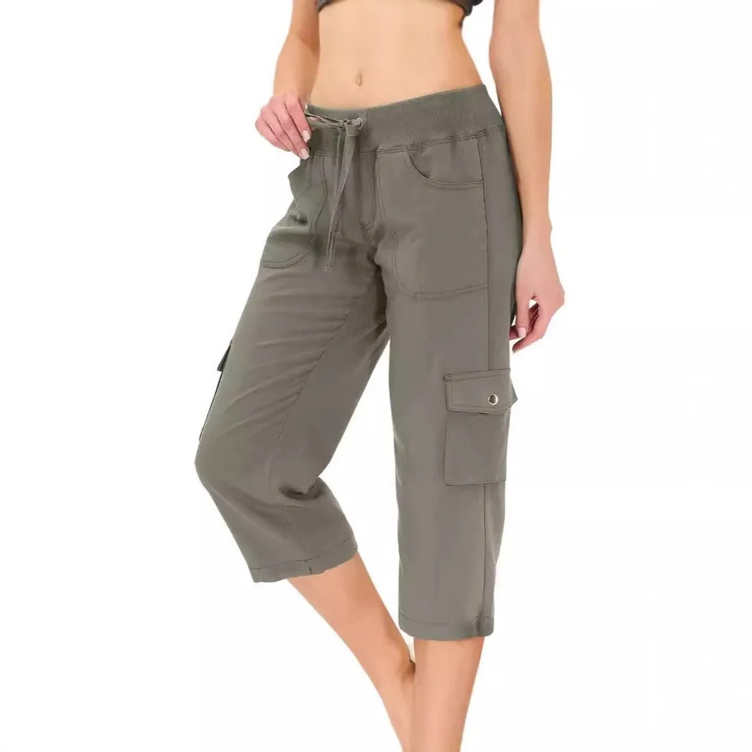 Women's Cargo Pants Casual Drawstring Waist Trousers Olive Green Cropped Crop Pants Grey Roll Cuff Capri Pants Teal Black