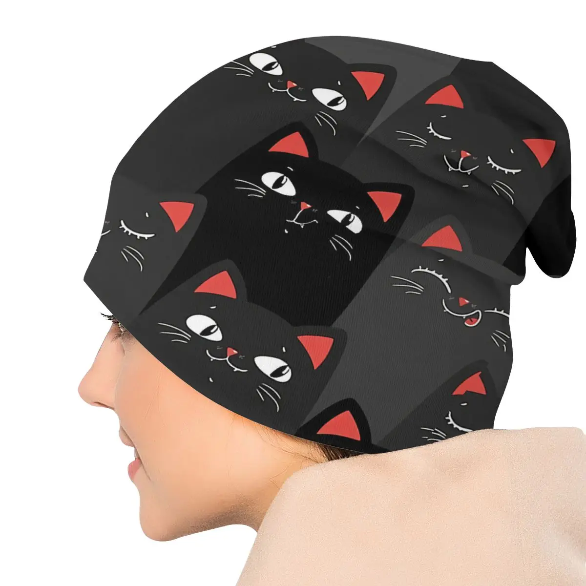 Kawaii Black Cats Pattern Unisex Bonnet Winter Windproof Double Layer Thin Hats For Men Women